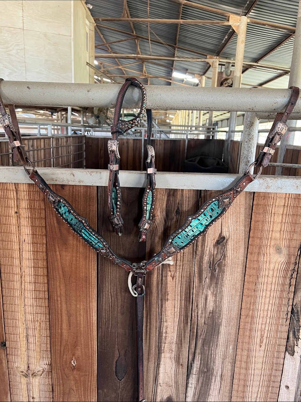Turquoise Tooled Leather horse Breast Collar and Headstall Set -